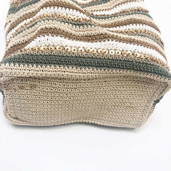 Boho Tan White Green Striped Sequin Hobo Woven Bag - Picture 8 of 8